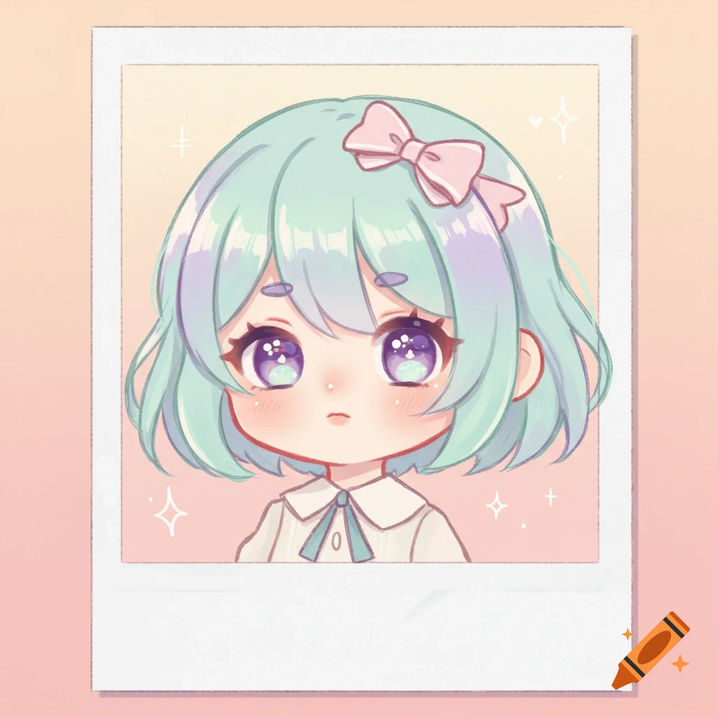 A pastel chibi anime girl with mint green hair and purple eyes in a white collared shirt, framed in a polaroid photo.