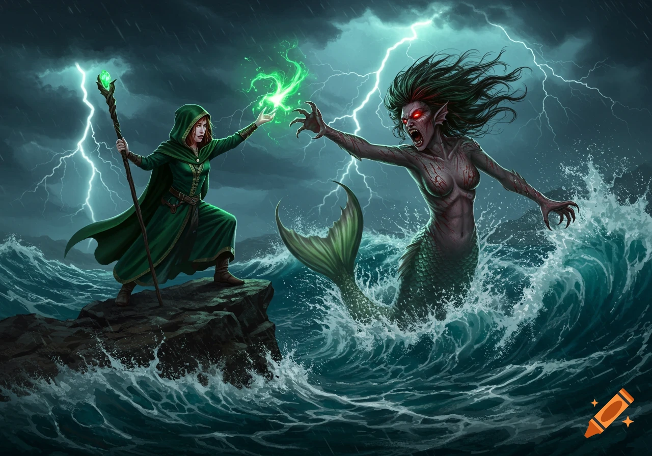 A green-hooded sorceress on a rock faces a vicious, red-eyed mermaid with green hair leaping from stormy waters amidst lightning.