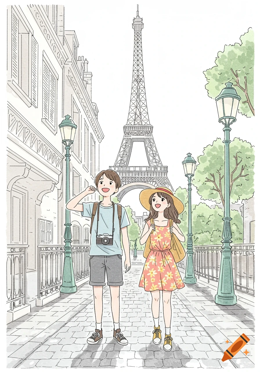 An illustration of two young tourists walking on a street in Paris with the Eiffel Tower in the background.