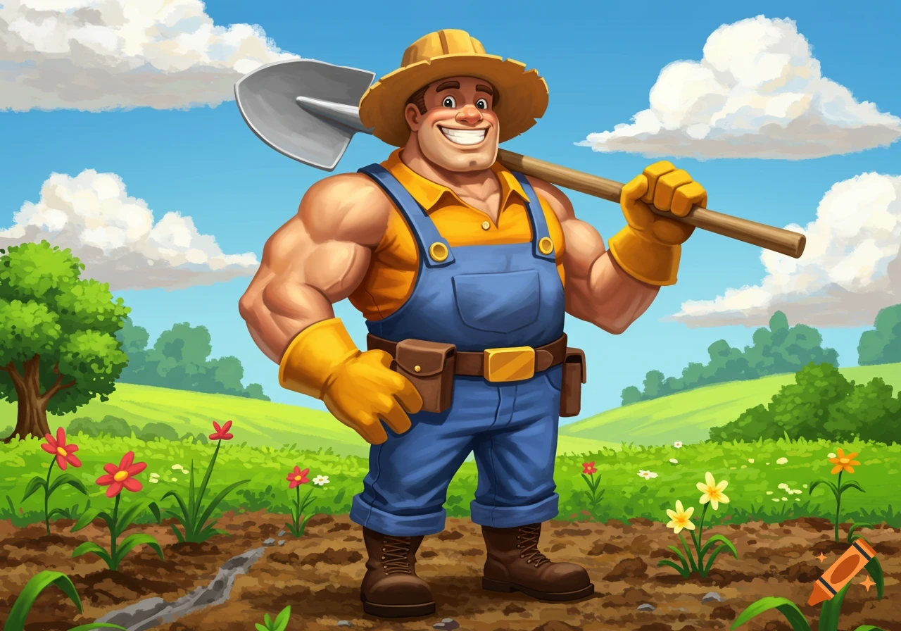 Muscular cartoon farmer with a straw hat and blue overalls holding a shovel over his shoulder in a sunny field.