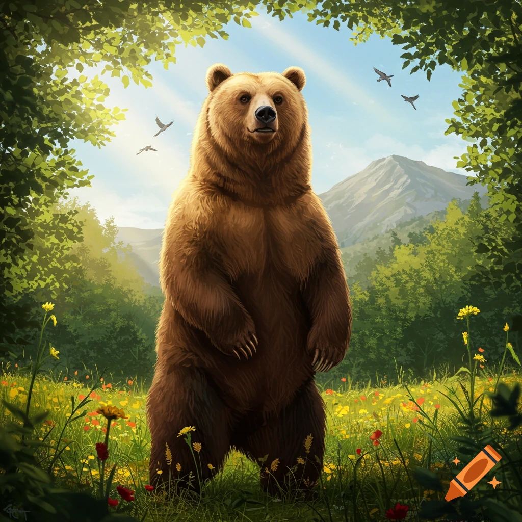 A brown bear stands on its hind legs in a sunny wildflower meadow, framed by trees, with mountains and birds in the background.