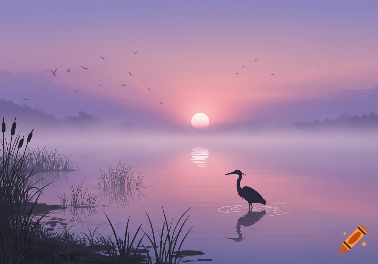 Silhouette of a heron in a misty, pink and purple lake at sunset, with reeds in the foreground and birds flying.
