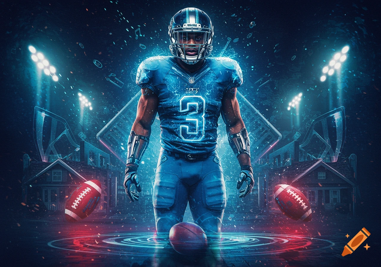 A football player in a blue uniform with glowing accents stands heroically on a futuristic field, with footballs floating around him, under stadium lights at night.