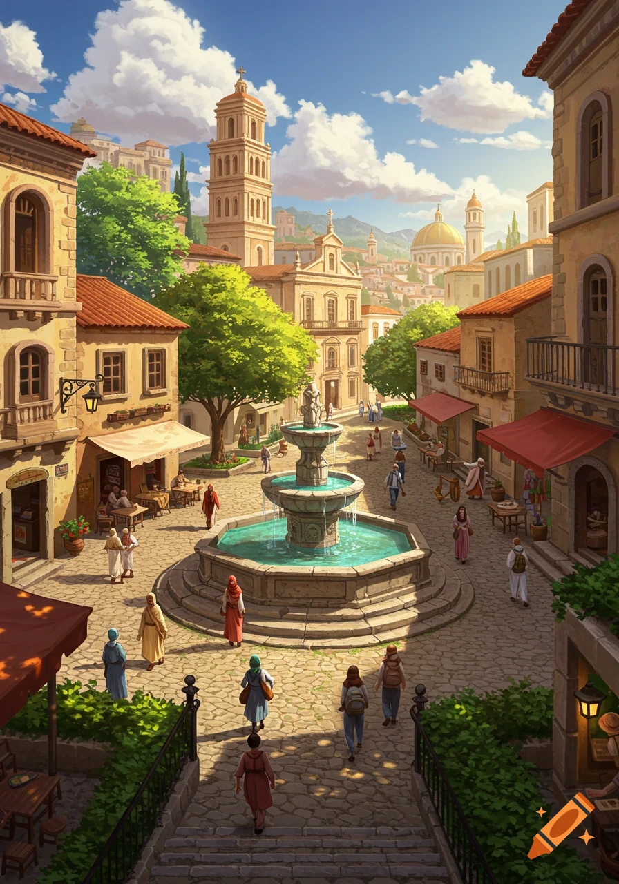 A vibrant illustration of a bustling town square with a large fountain, people walking, and historic buildings under a blue sky.