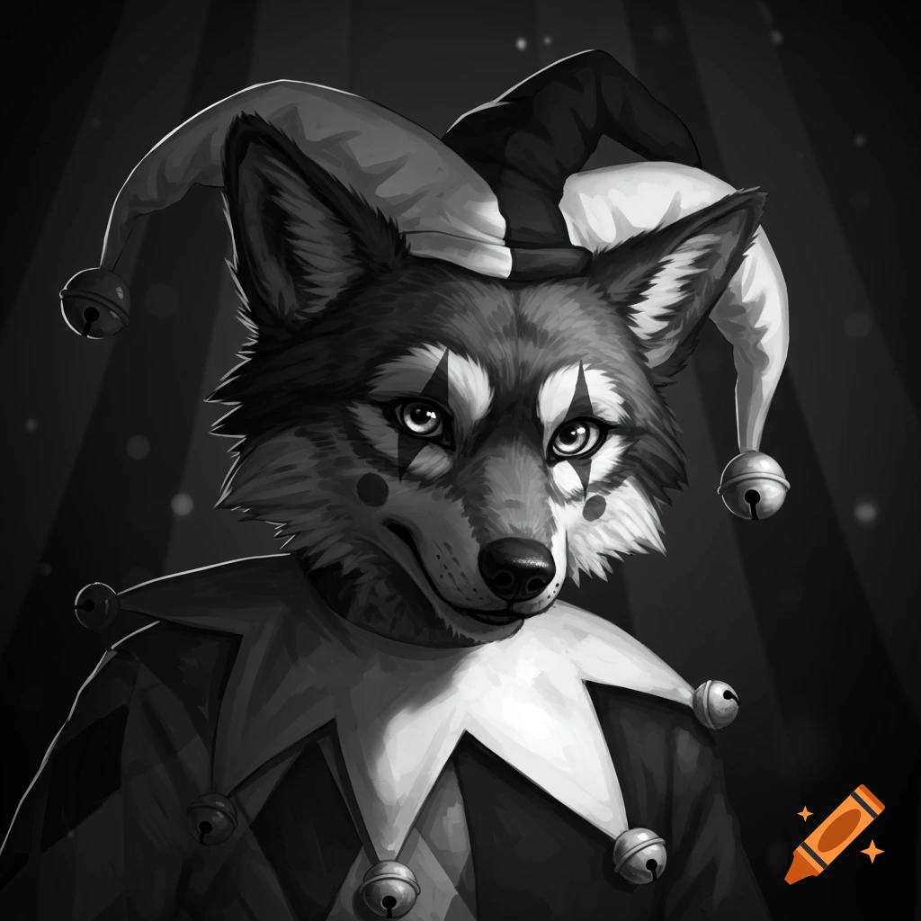 Black and white illustration of an anthropomorphic wolf in a jester costume, with a bell hat and clown makeup, looking forward.