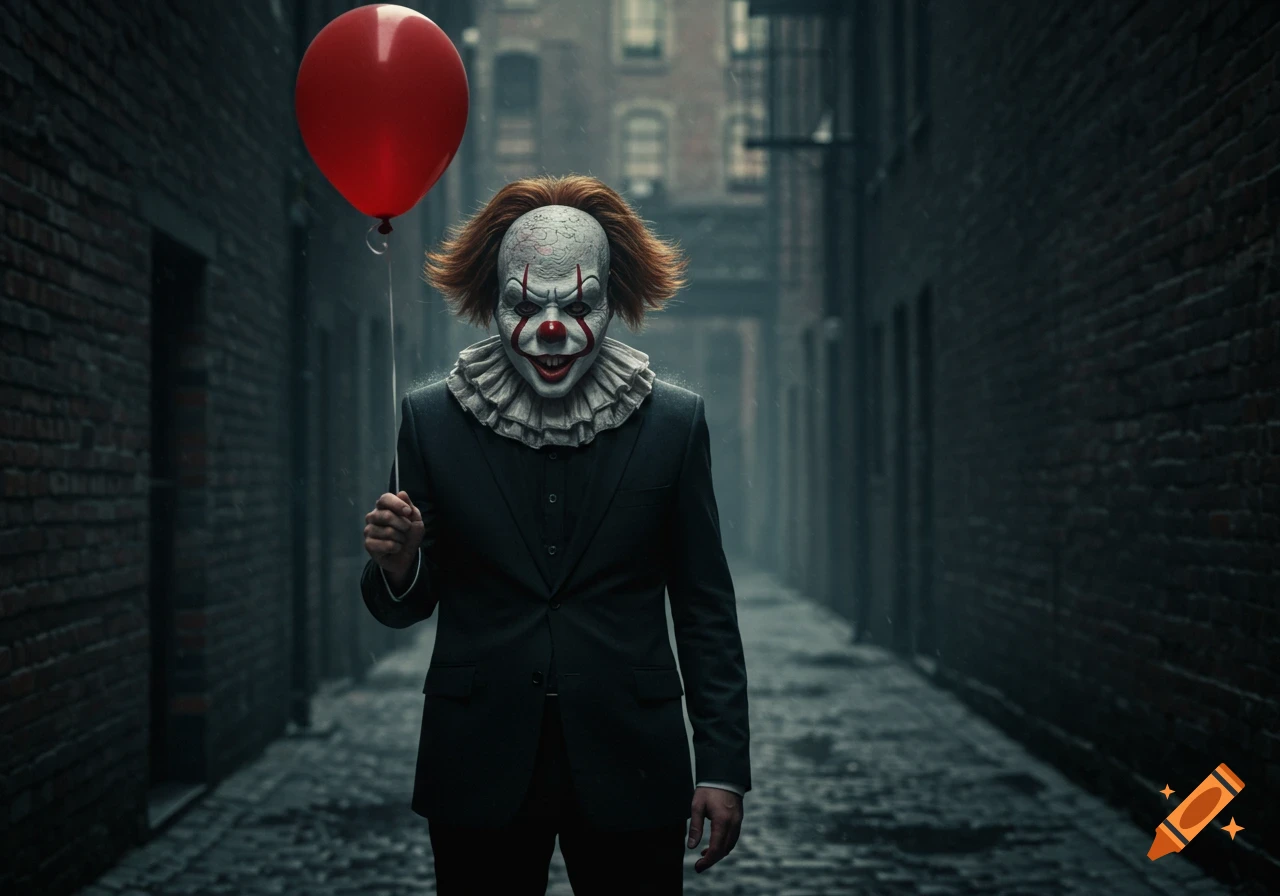 A scary clown in a black suit holds a red balloon in a dark, narrow alley.