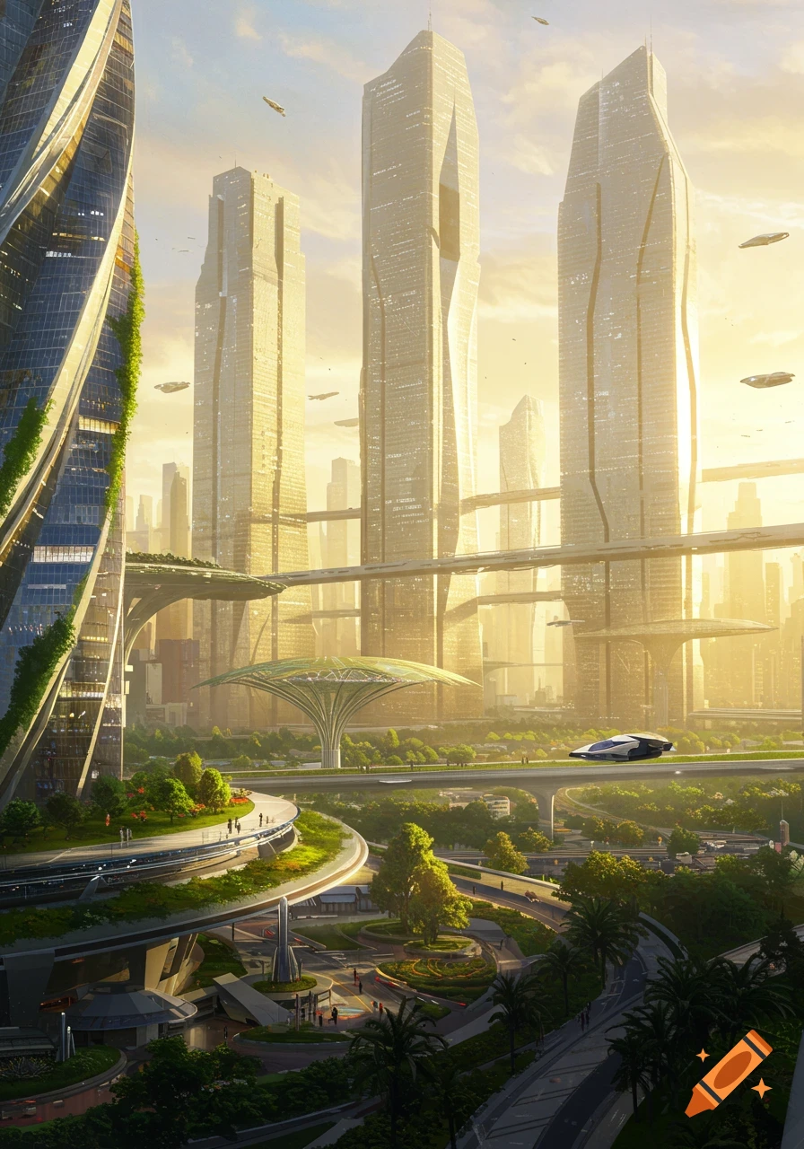 A sprawling futuristic city at sunrise with tall, modern buildings, elevated green roadways, flying vehicles, and lush vegetation.