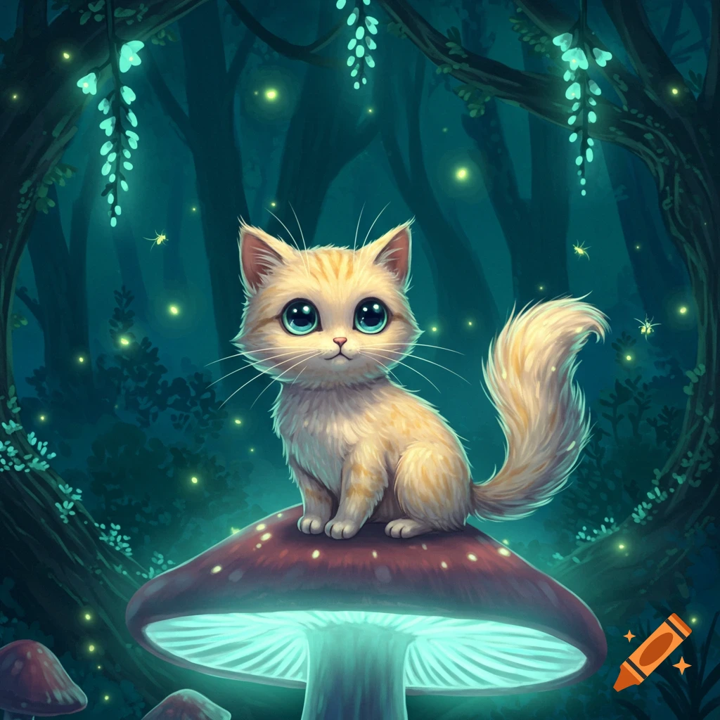 A cute orange cat with big blue eyes sits on a glowing red mushroom in a dark, magical forest, digital art.