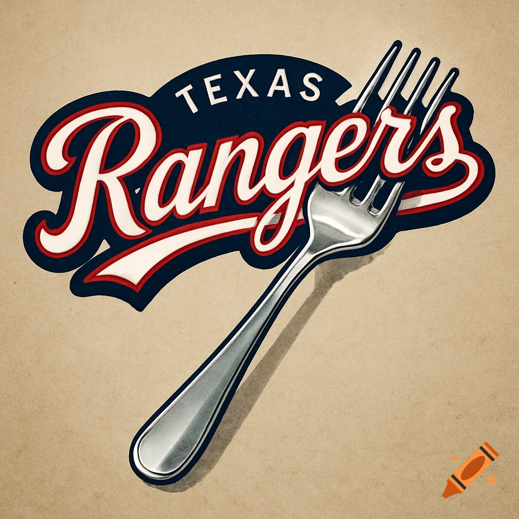 A vintage-style logo for the Texas Rangers with a fork, against a textured brown background.