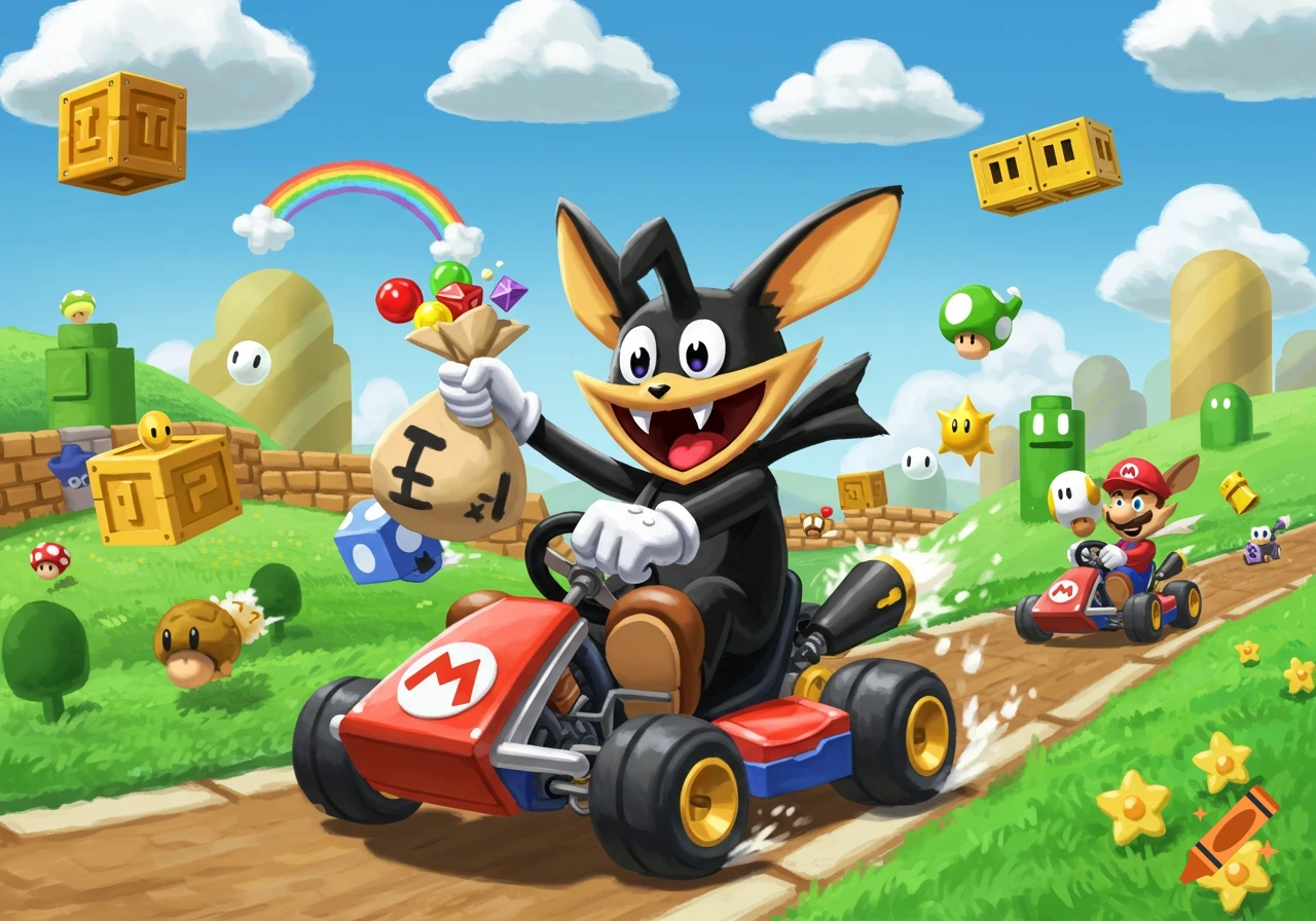 Nabbit in a black outfit drives a red Mario Kart, holding a money bag, followed by Mario in his kart, in a colorful Super Mario world.