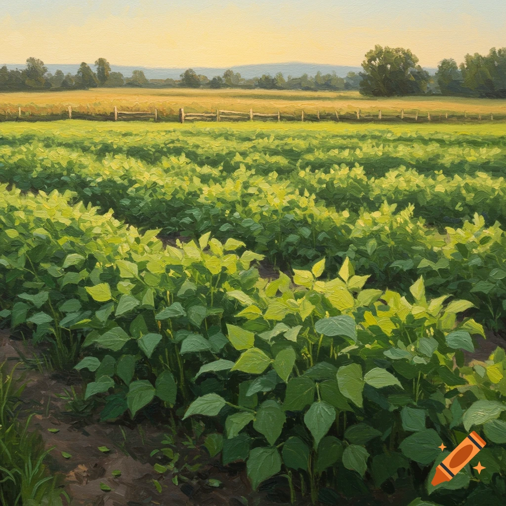 Oil painting of a sunlit field of green bean plants with a fence and trees in the background.