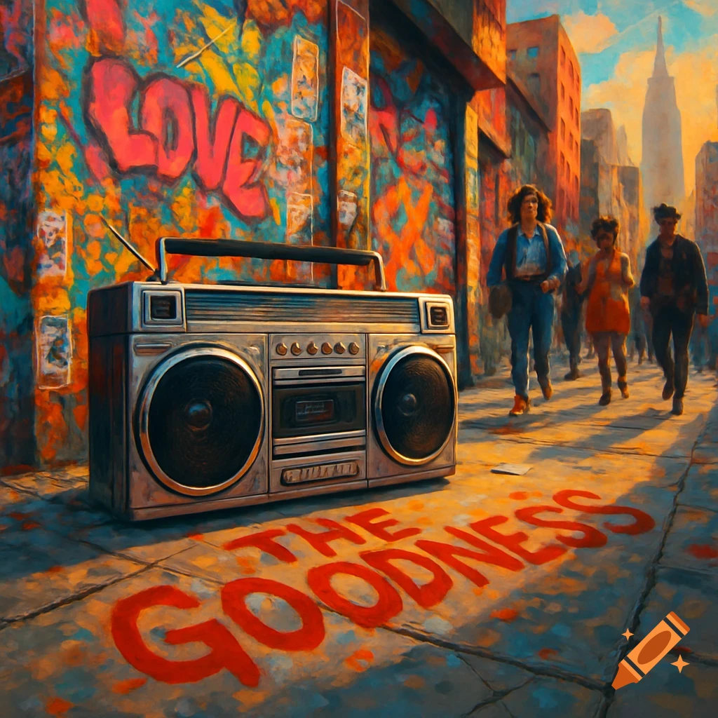 A large boombox on a city street with 'THE GOODNESS' spray-painted on the pavement and colorful graffiti on a wall behind it. People walk in the background.