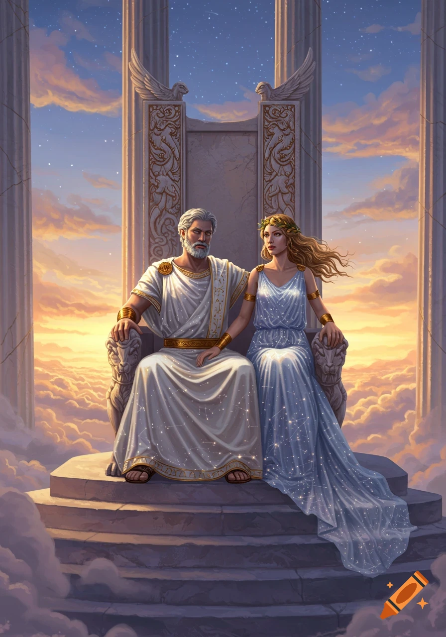 A god and goddess in white robes sit on an ornate throne amidst clouds at sunset, with towering pillars. Fantasy art.