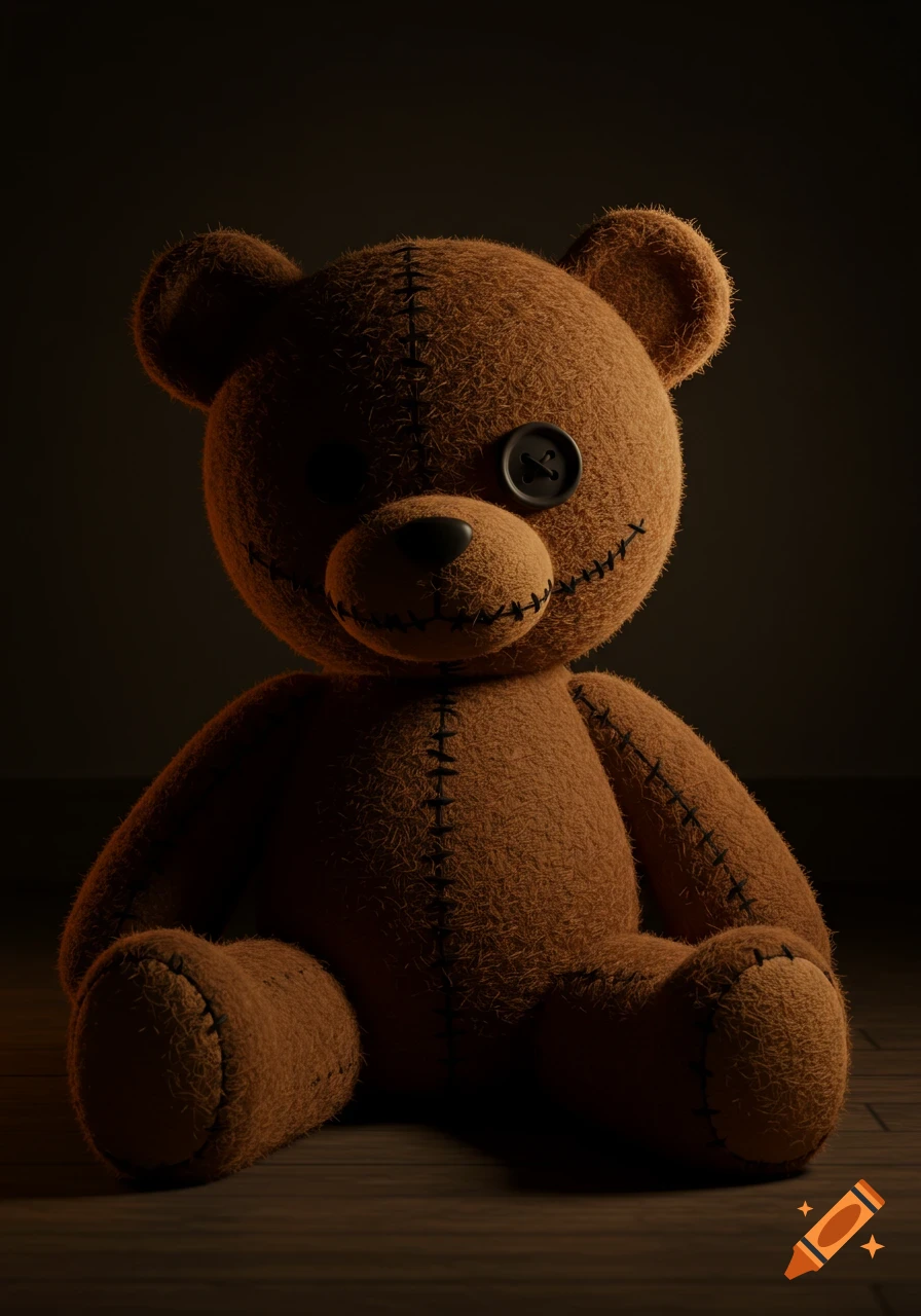 A brown teddy bear with one button eye and a stitched smile sits in a dimly lit room, a 3D illustration.