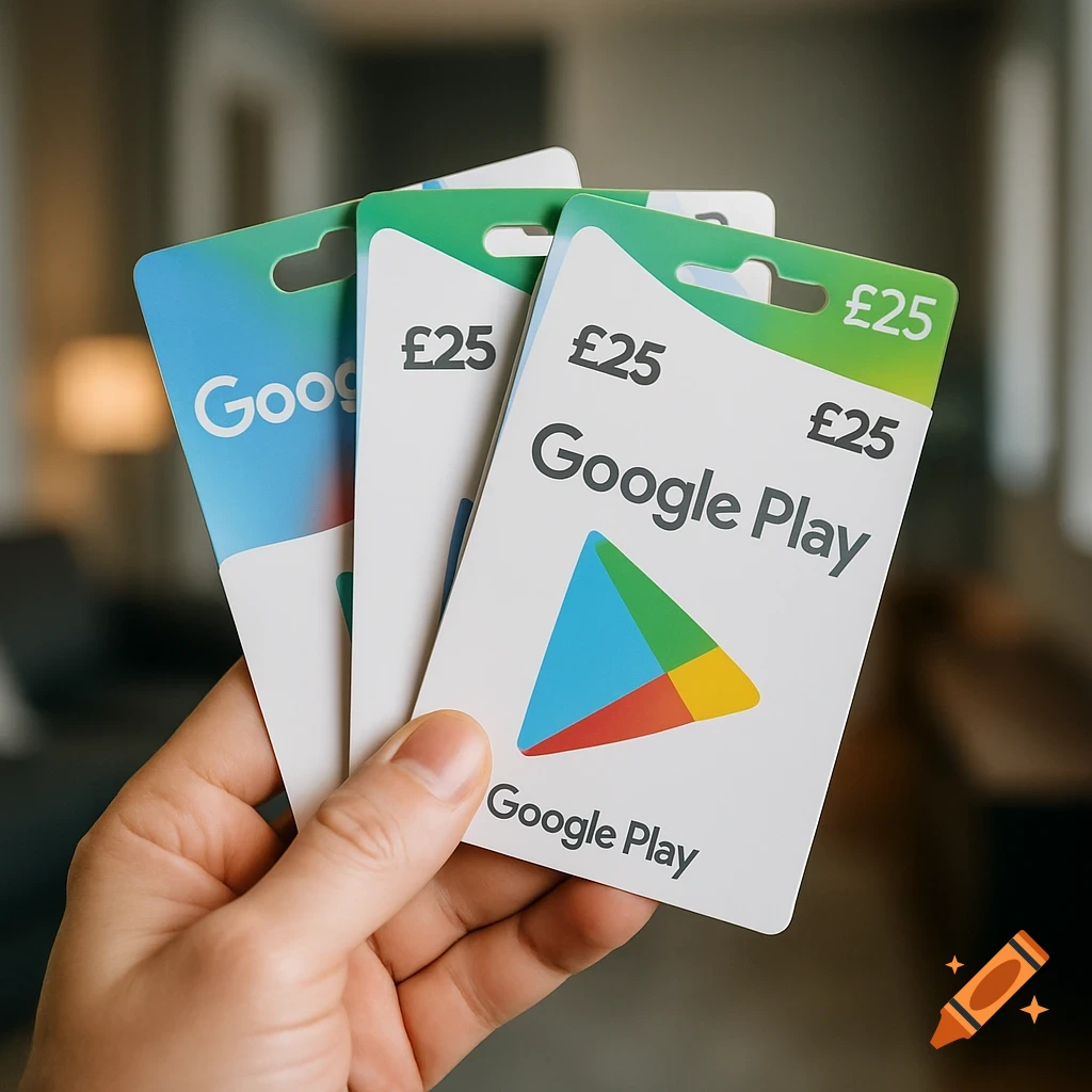 Close-up photo of a hand holding several 25 Google Play gift cards with a blurred background.