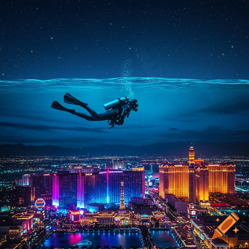 A scuba diver floats in a clear blue night sky above a vibrant, illuminated cityscape under a starry sky.