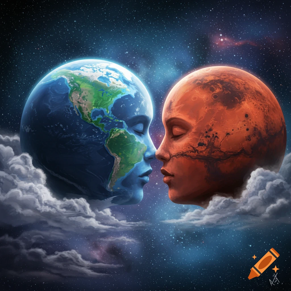 Two planet-sized heads, Earth (blue-green) and Mars (red), with closed eyes, appear to kiss amidst clouds in a starry space.