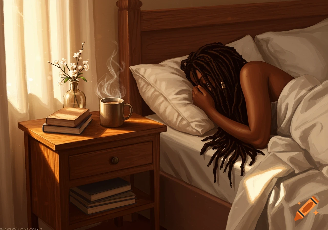 A Black woman with long locs sleeps peacefully in a bed in a sunlit bedroom, with a steaming coffee cup, books, and flowers on the bedside table. Digital art.
