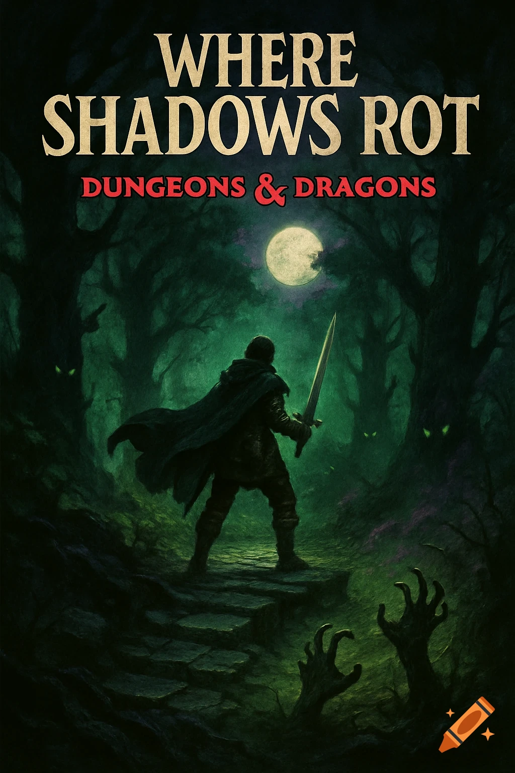 A dark fantasy game cover art featuring a cloaked figure with a sword in a spooky forest at night, with zombie hands and glowing eyes. Text reads "WHERE SHADOWS ROT" and "DUNGEONS & DRAGONS."