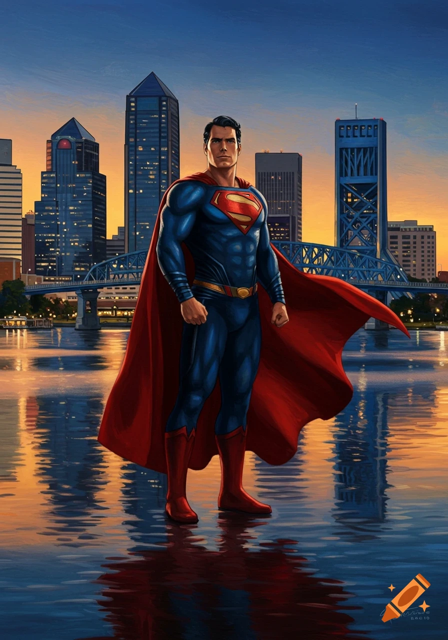 Superman standing in water, with a city skyline and bridge behind him at sunset. Illustrated in a realistic style.