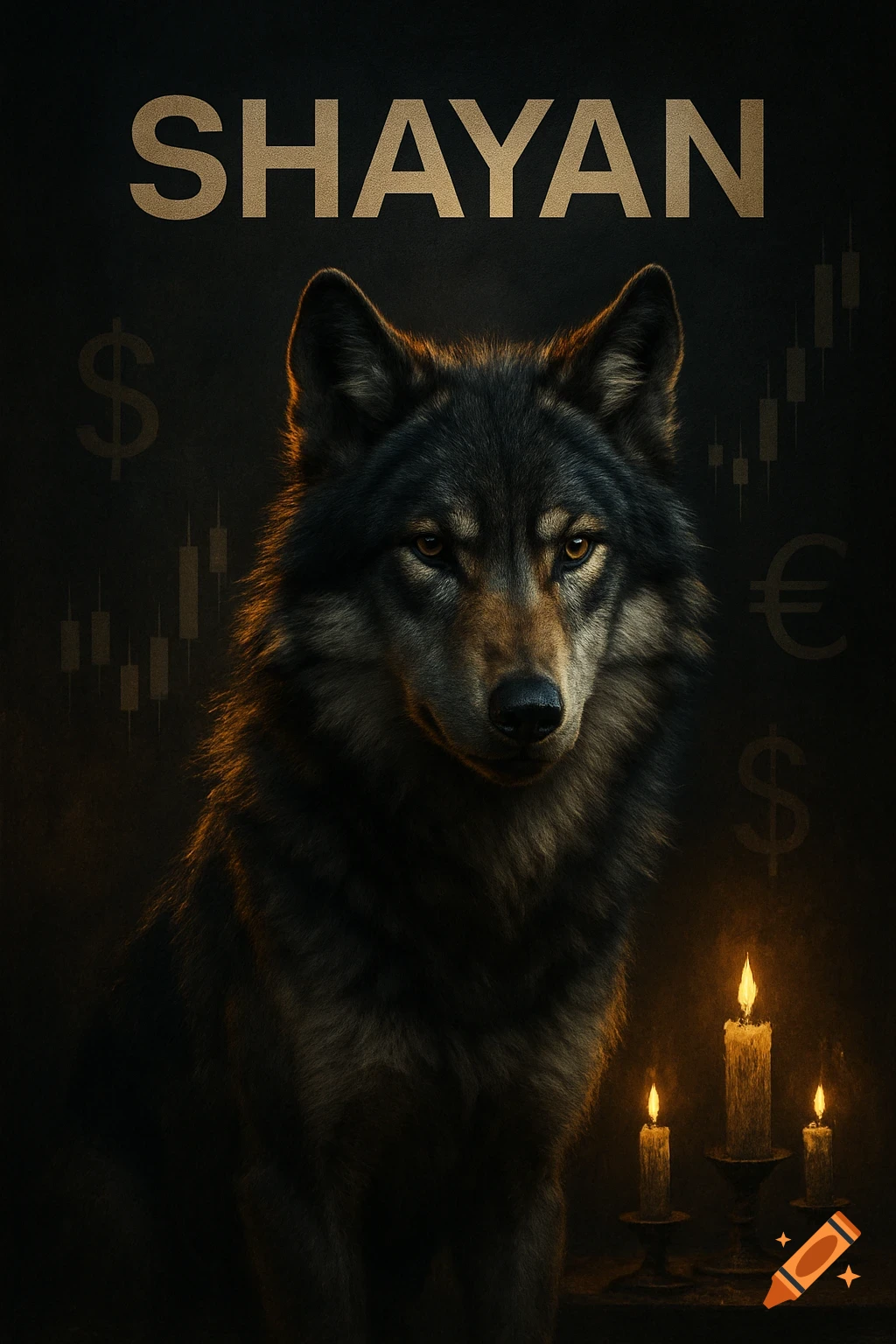 A photorealistic wolf in a dark, dramatic setting with glowing candles, subtle financial symbols, and the name 'SHAYAN' at the top.