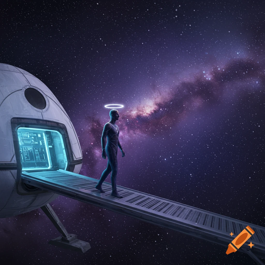 A futuristic human-like figure with a glowing halo steps from a spaceship ramp into deep space with a visible galaxy.