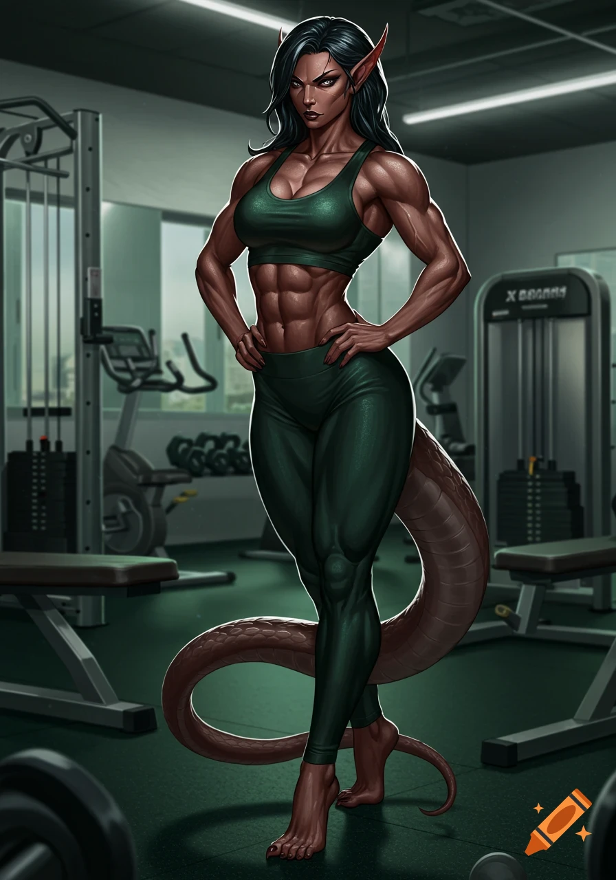 A muscular female yuan-ti with pointed ears and a serpentine tail, wearing a dark green sports bra and leggings, poses in a gym.