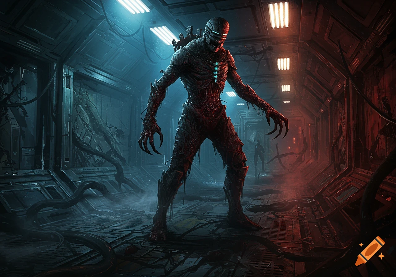 A grotesque Necromorph creature with glowing blue chest plates and sharp claws stands in a dimly lit, futuristic spaceship corridor with red and blue lighting.