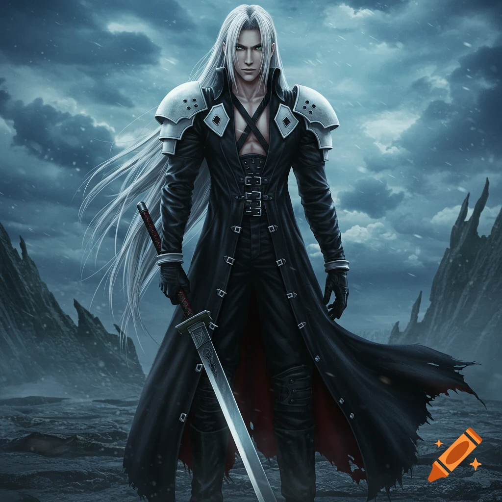 A full-body shot of Sephiroth, a long-haired man in a black trench coat, holding a sword in a desolate, stormy landscape.