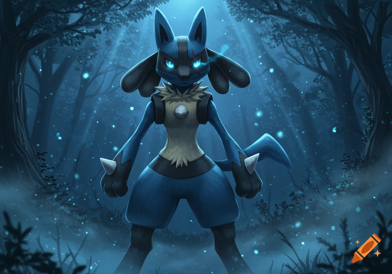 Lucario stands in a dark, mystical forest with blue glowing eyes and a scar over its right eye, surrounded by glowing light particles.