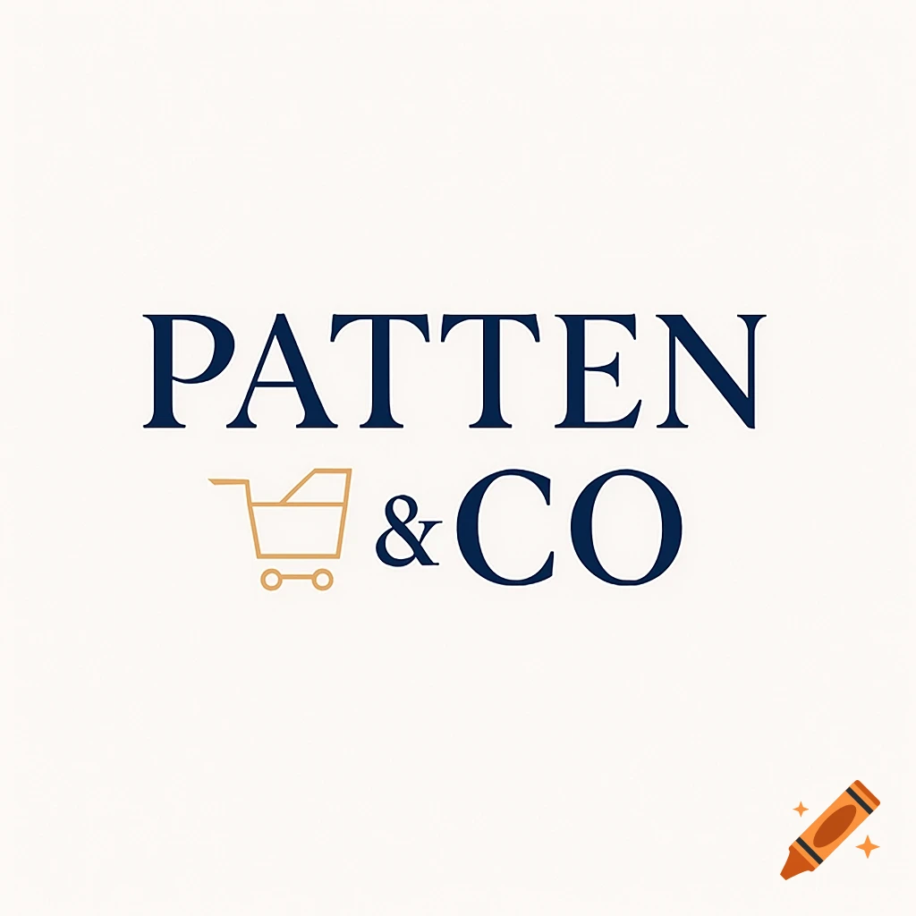 A white background logo features the words "PATTEN & CO" in dark blue serif font, with a gold outline shopping cart icon next to "& CO".