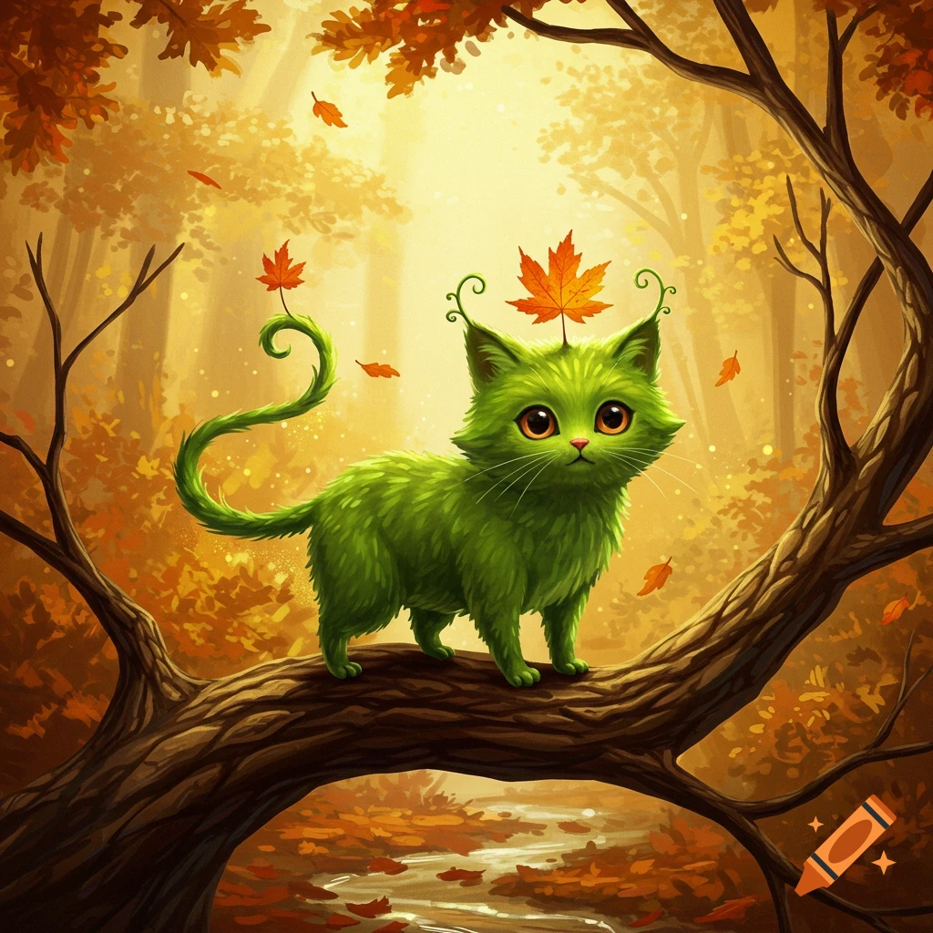 A cartoonish green cat-like creature with a vine tail ending in a maple leaf and a maple leaf on its head stands on a tree branch in an autumn forest.