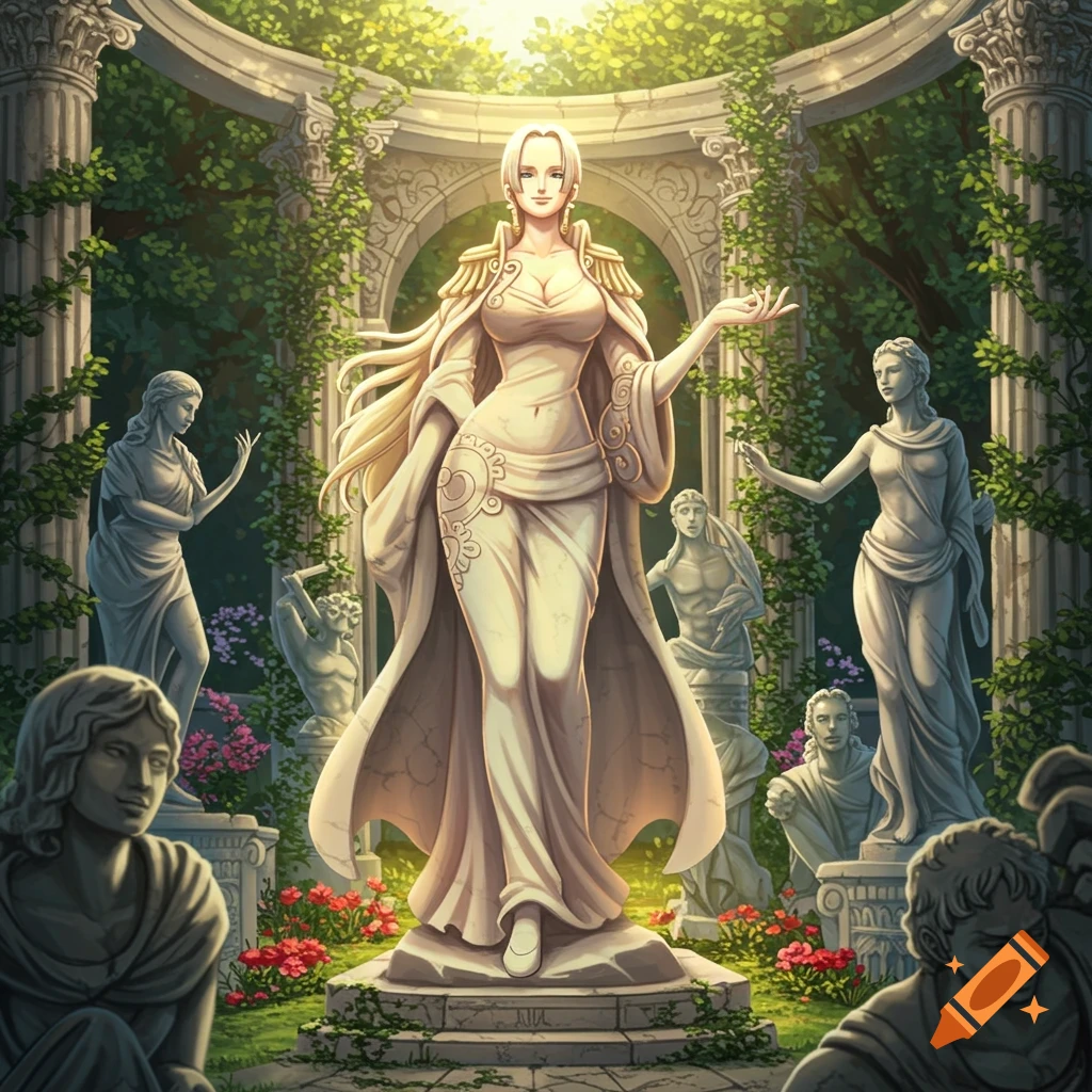 A statue of Boa Hancock in a flowing gown stands in a lush, ancient garden with other statues and stone pillars, bathed in sunlight.