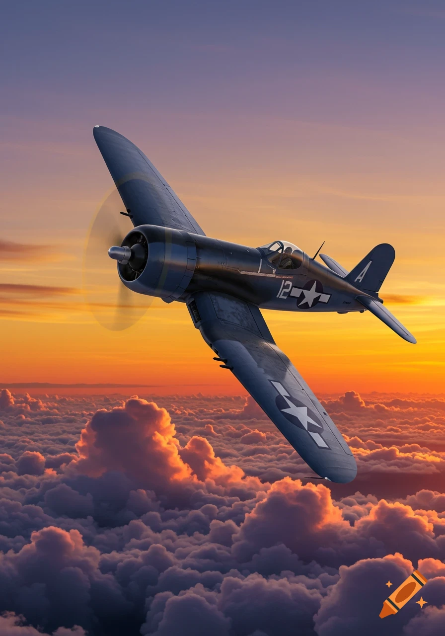 A dark blue F4U Corsair fighter plane flies over a layer of clouds at sunset with an orange and purple sky.
