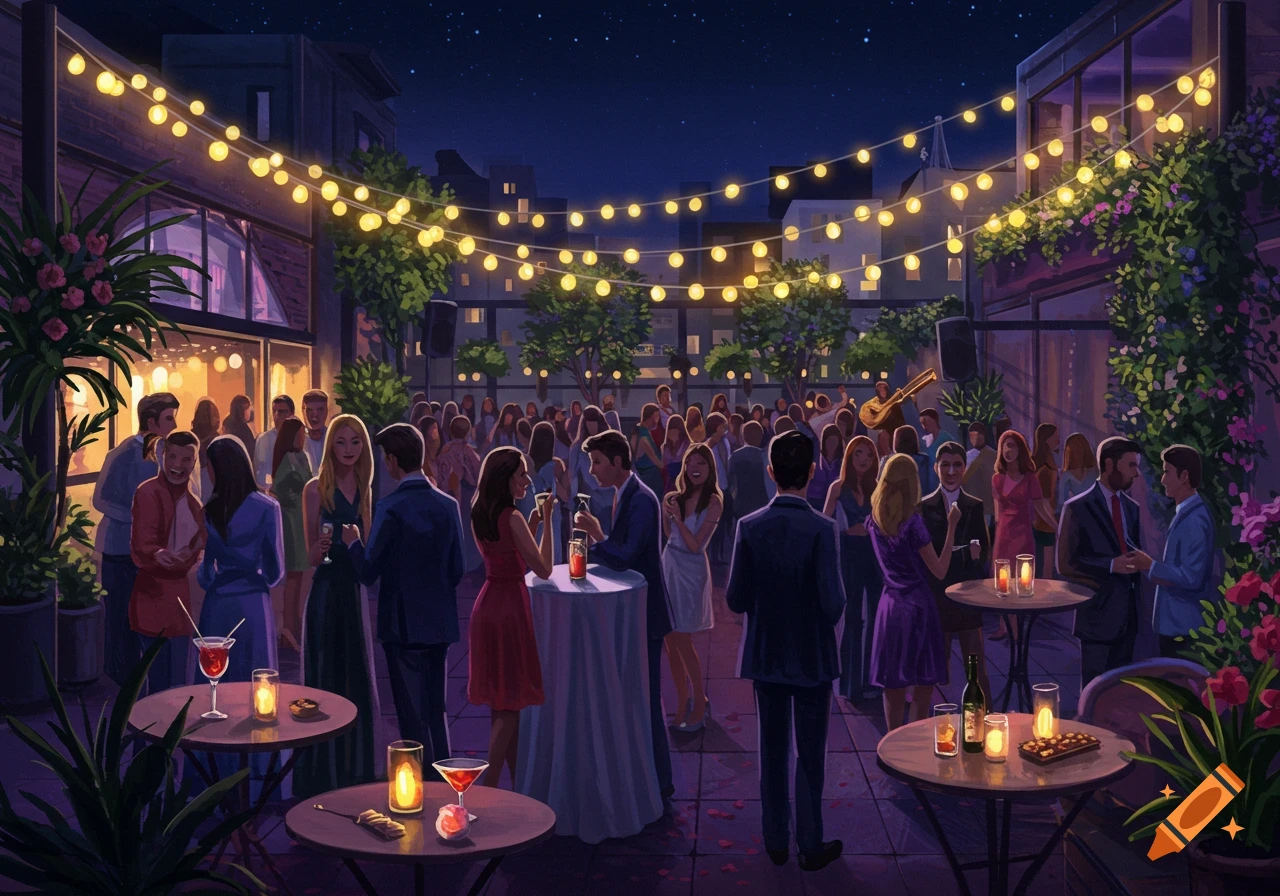 A vibrant illustrated night scene of a large outdoor party with many people, string lights, and tables with drinks and candles.