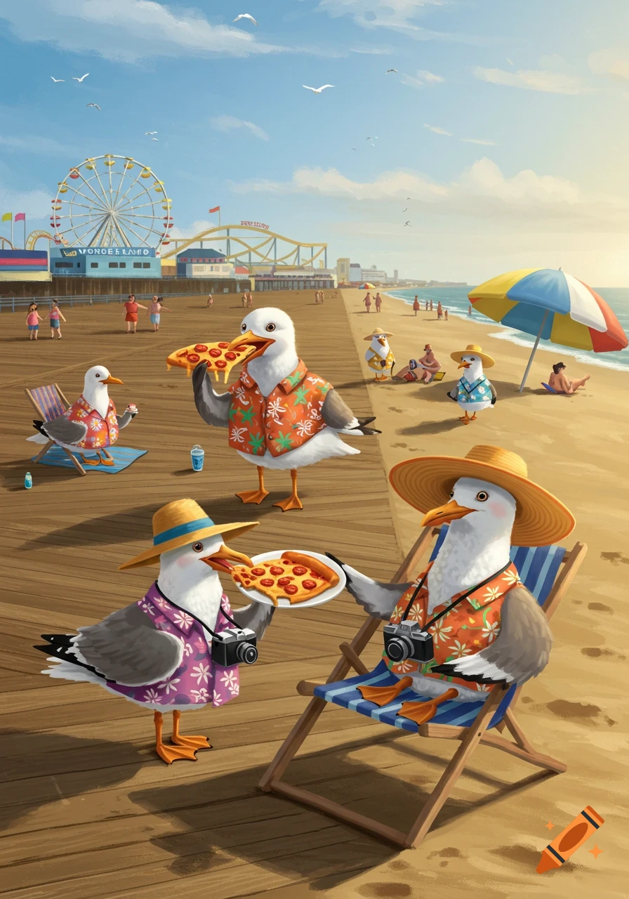 Cartoon seagulls in Hawaiian shirts and hats eat pizza on a sunny beach boardwalk with an amusement park in the background.