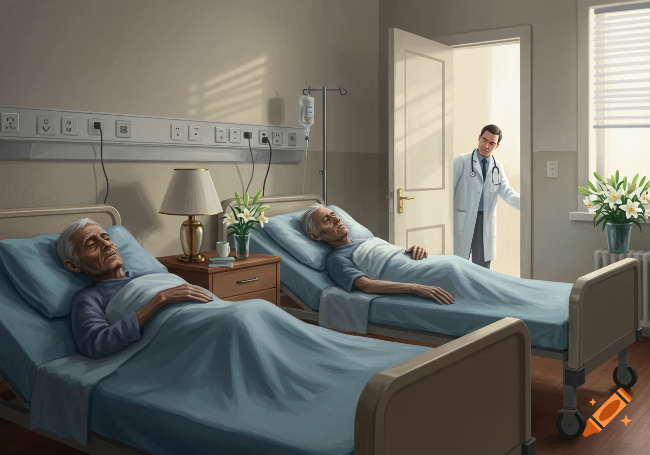 Two elderly men lie in separate beds in a hospital room, while a doctor peeks in from the doorway.