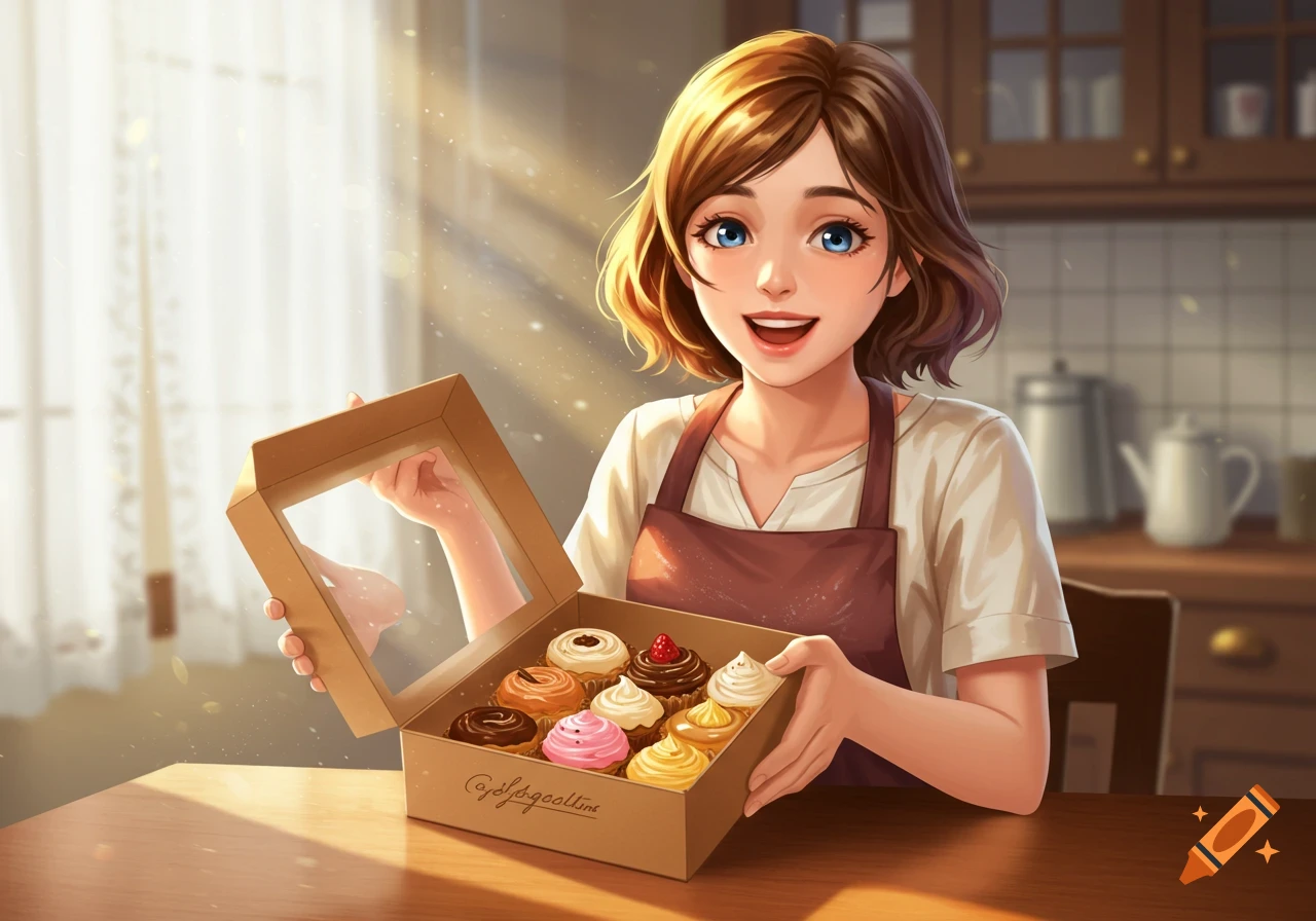 An anime-style illustration of a happy young woman in an apron holding an open box of assorted cupcakes in a sunny kitchen.