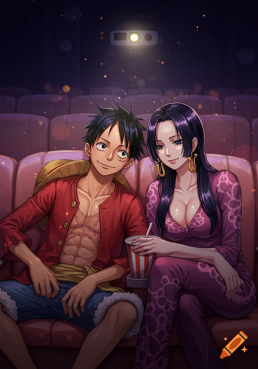 Anime characters Luffy and Hancock sit in a dimly lit movie theater, watching a film together.