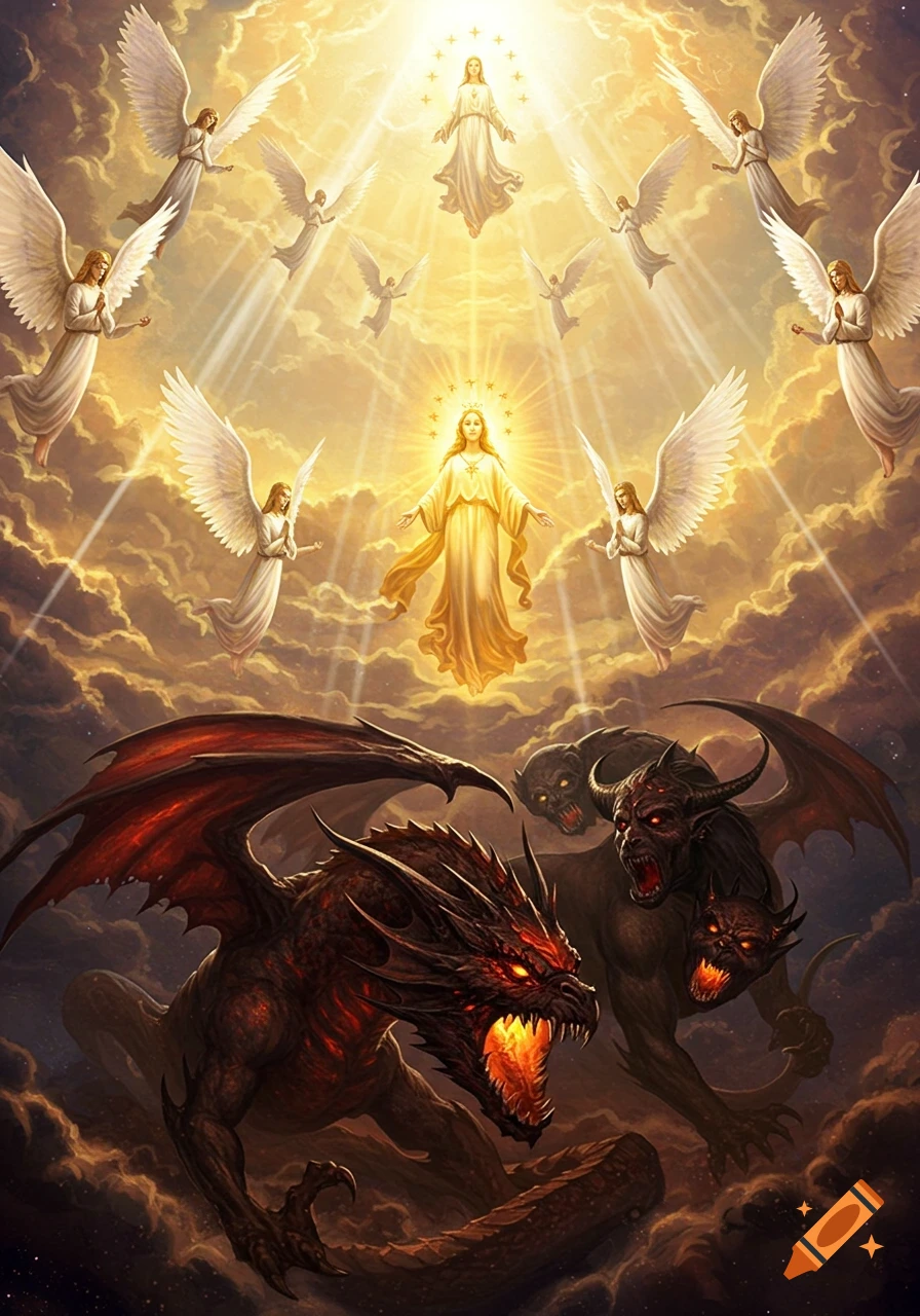 Luminous woman and angels in golden light above a fierce red dragon and horned beasts in dark clouds.