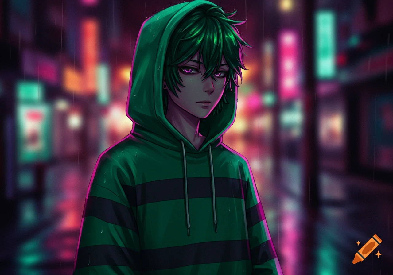 Anime boy with green hair and purple eyes in a striped hoodie in a rainy neon city.