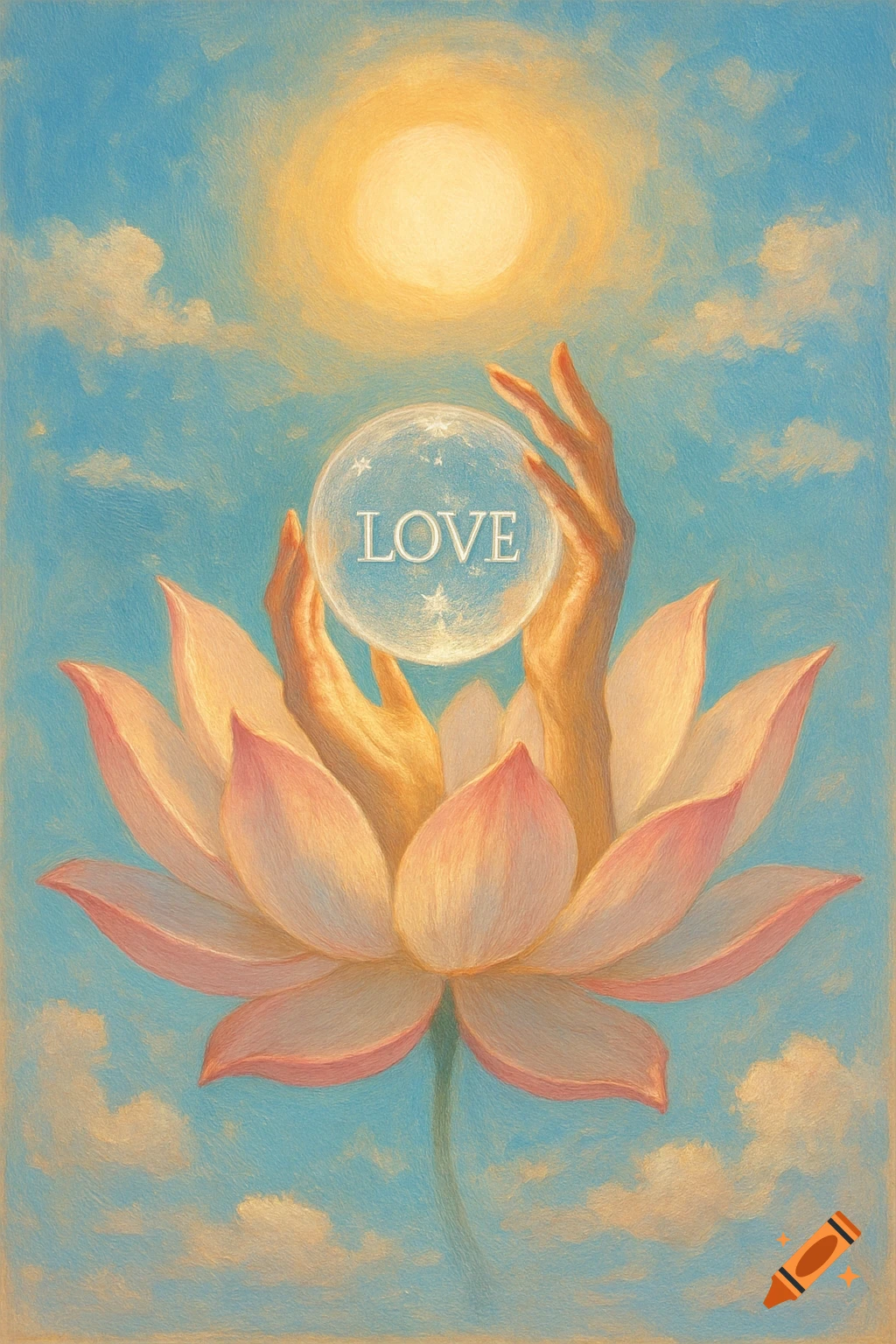 An acrylic painting of hands rising from a pink lotus flower, holding a glowing crystal ball with the word LOVE, under a bright sun in a blue sky.