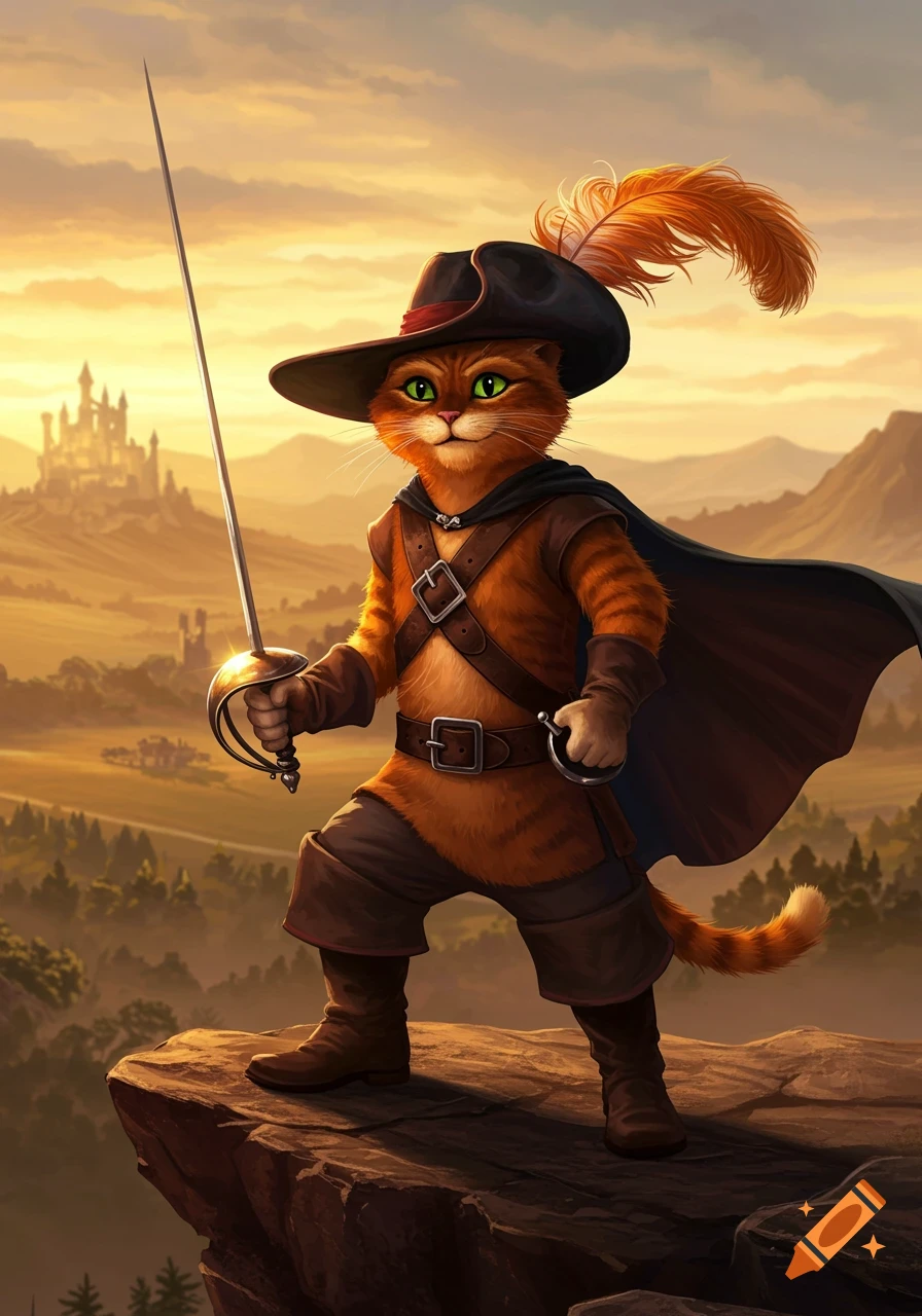 Puss in Boots, a determined anthropomorphic cat, stands on a cliff with a sword, overlooking a fantasy castle landscape at sunset.