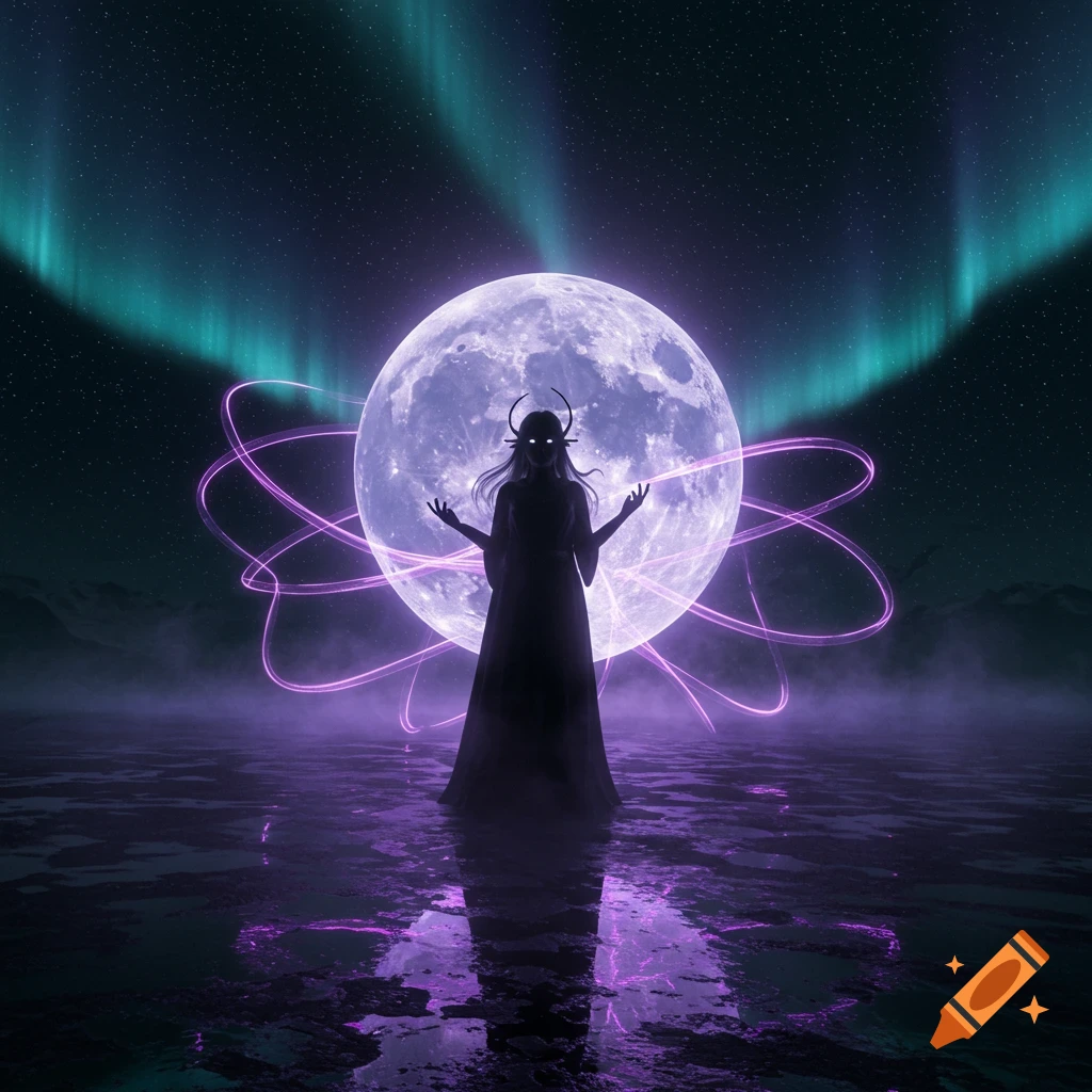 A silhouetted figure stands before a giant glowing moon with purple energy rings, under a starry night sky with a green aurora and purple reflections.