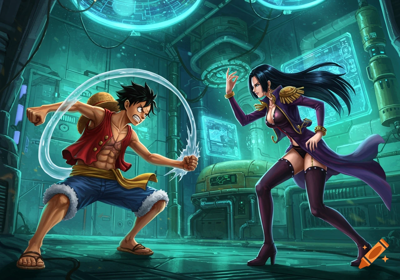 Anime characters Luffy and Boa Hancock in a dynamic sparring pose within a glowing blue futuristic laboratory.