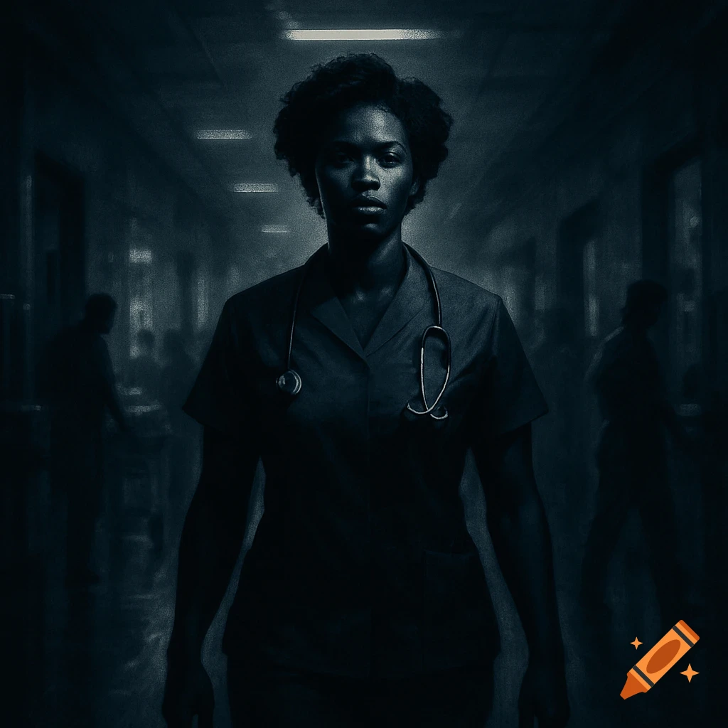 A dark, moody portrait of a Black woman in scrubs with a stethoscope, standing in a dimly lit hospital hallway.