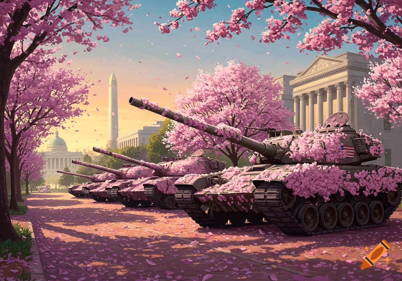 Pink cherry blossom covered tanks parked on a street in Washington D.C., with the Washington Monument in the background.