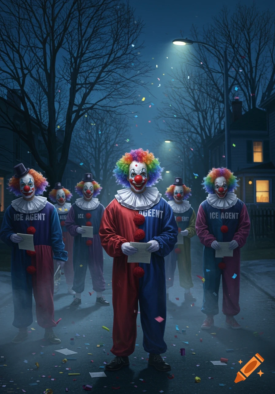 Clowns with colorful wigs and painted faces stand on a confetti-strewn street at night under streetlights, some wearing shirts with 'ICE AGENT'.
