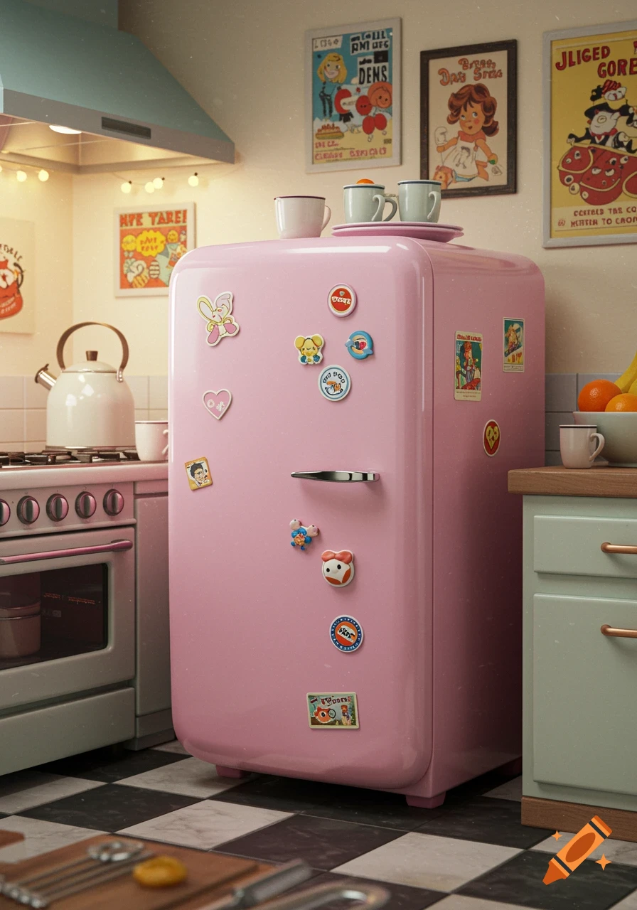 A retro-style kitchen featuring a pink refrigerator, stove, kettle, and checkered floor.