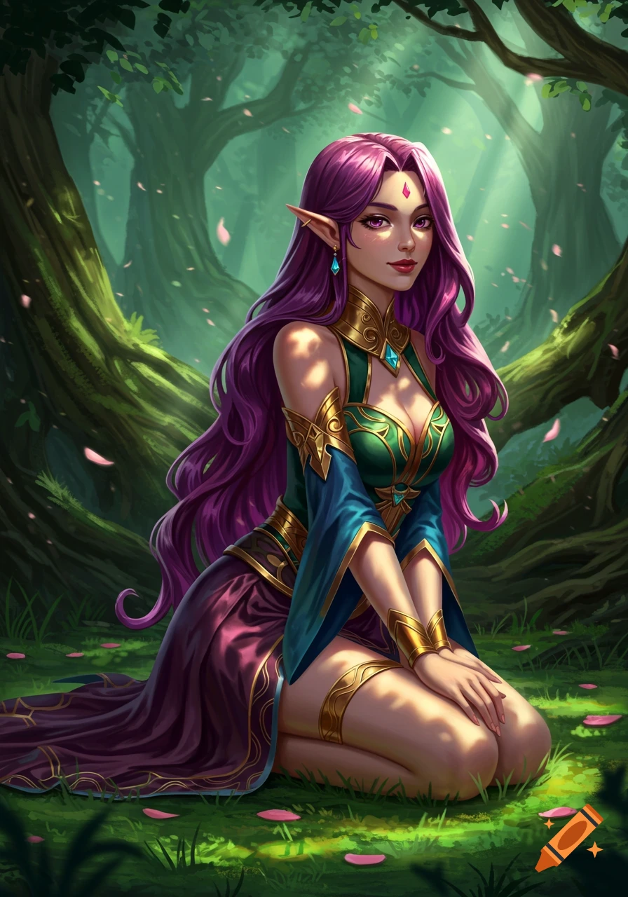 A beautiful purple-haired elf woman in ornate attire sits smiling on her knees in a sunlit forest.